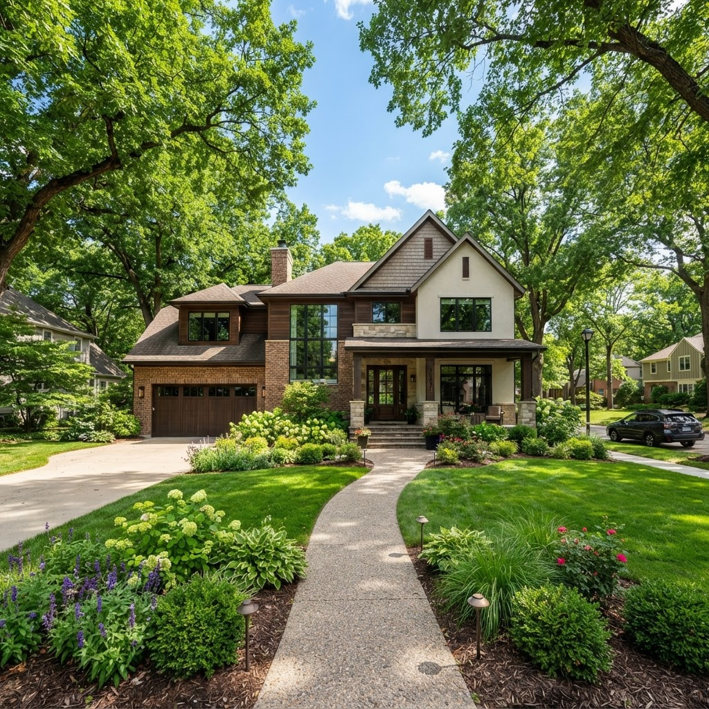 A suburban home framed by large mature trees