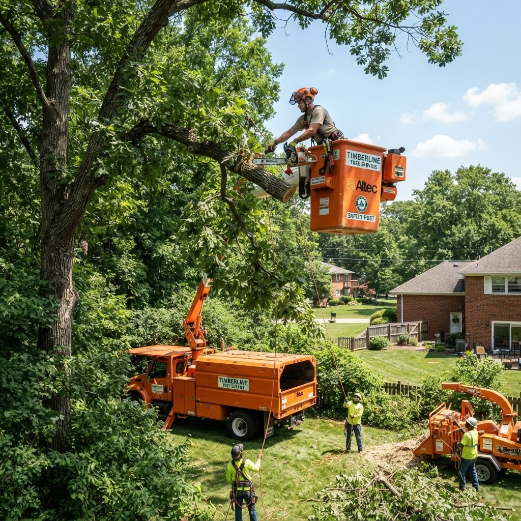 A tree service crew removing branches with a bucket lift truck